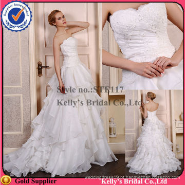 Mais recente estilo decote amado com lindo beading em calças corpete saia organza remover vestido de casamento saia